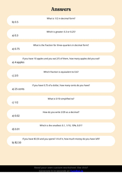 Free Worksheet - Year 4 Mathematics Fractions and Decimals Multiple Choice