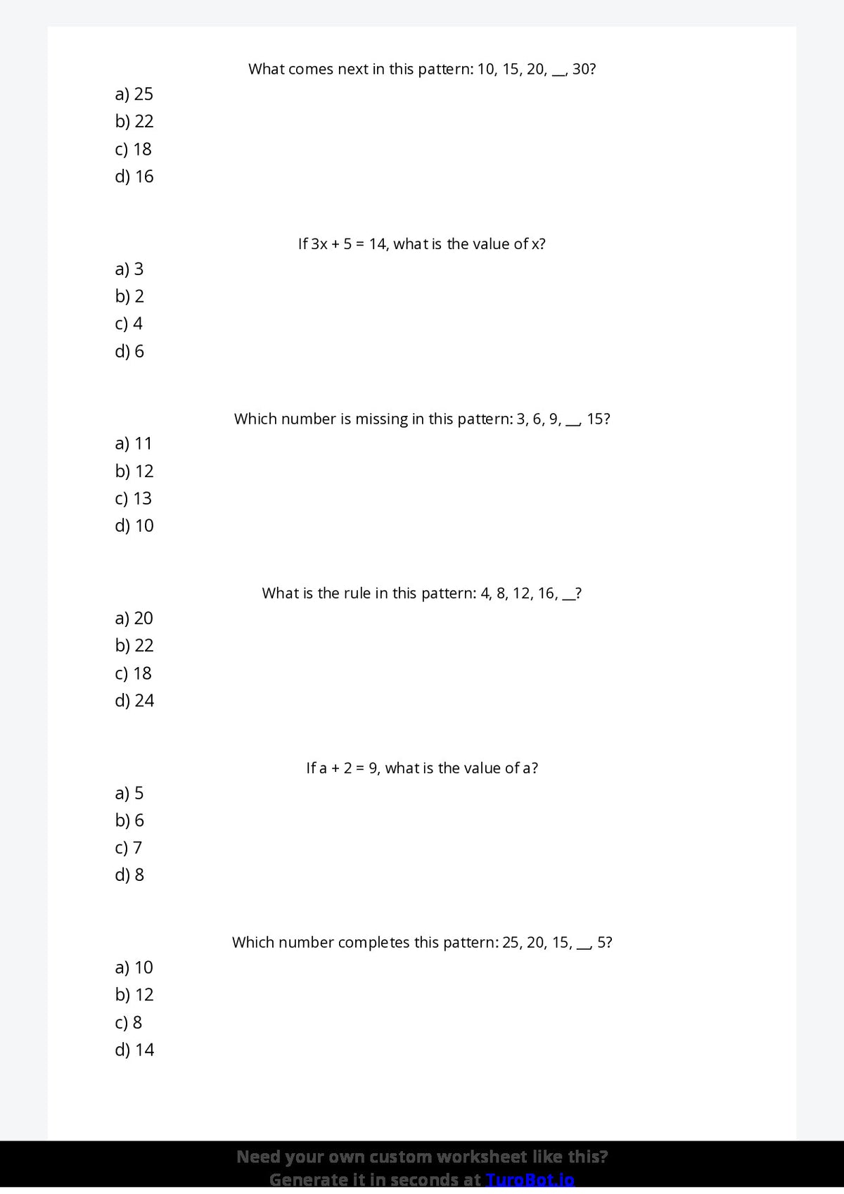 Free Worksheet - Year 4 Mathematics Patterns and Algebra Multiple Choice