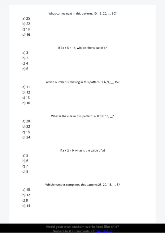 Free Worksheet - Year 4 Mathematics Patterns and Algebra Multiple Choice