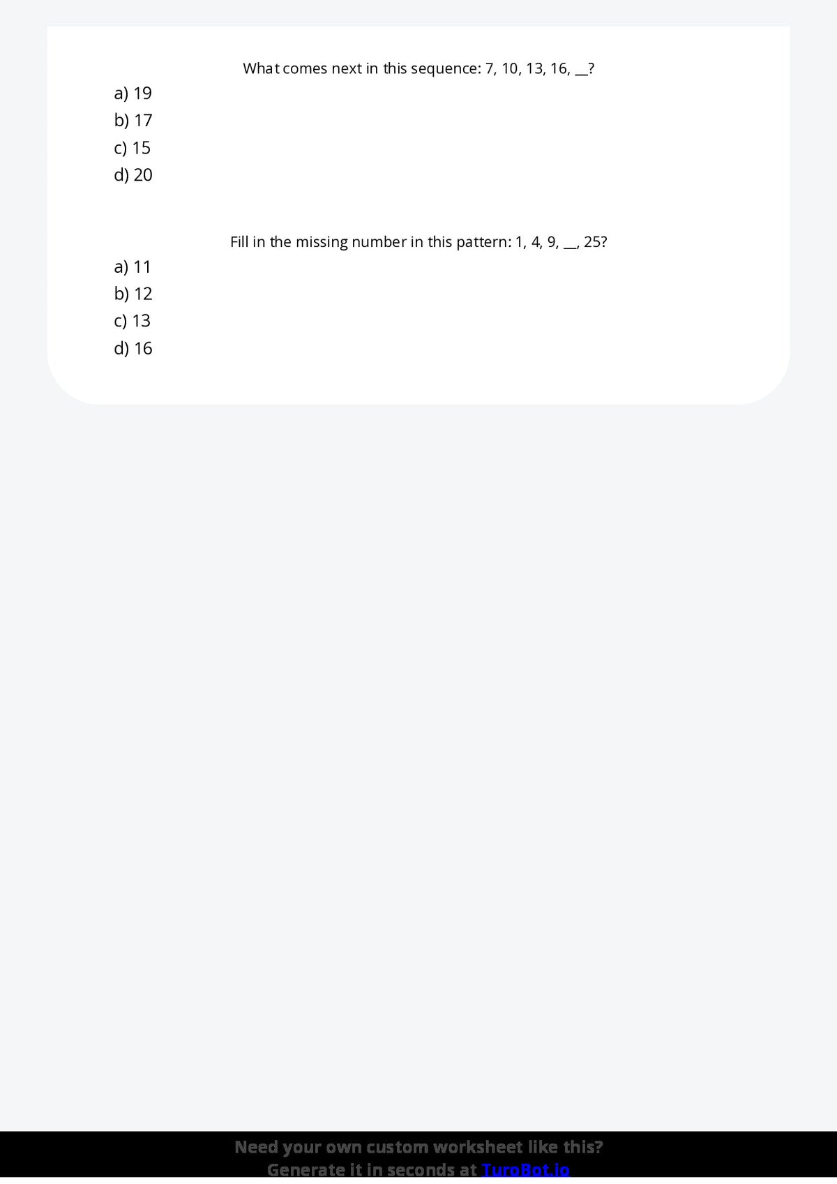 Free Worksheet - Year 4 Mathematics Patterns and Algebra Multiple Choice