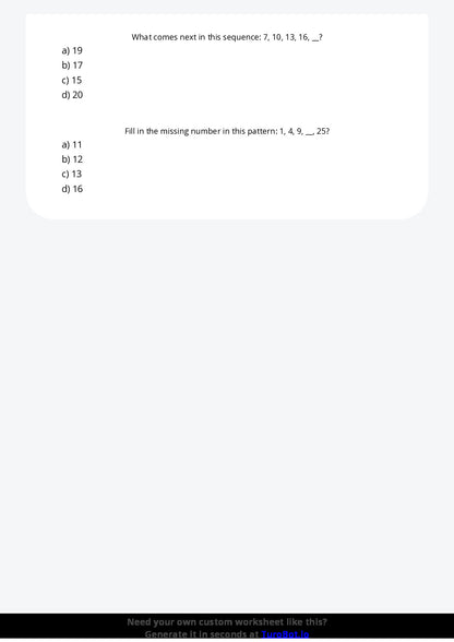 Free Worksheet - Year 4 Mathematics Patterns and Algebra Multiple Choice