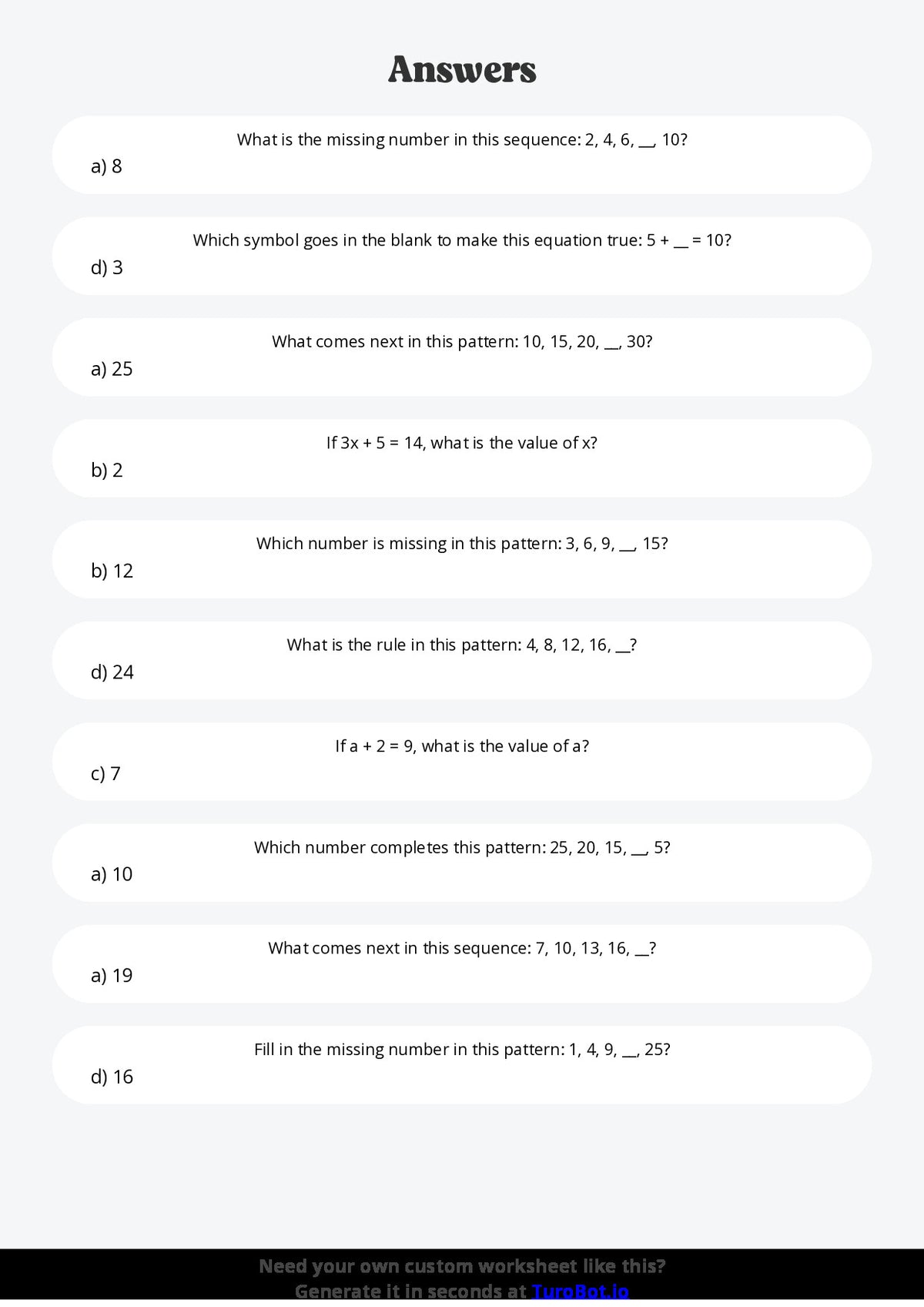 Free Worksheet - Year 4 Mathematics Patterns and Algebra Multiple Choice