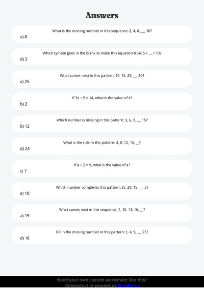 Free Worksheet - Year 4 Mathematics Patterns and Algebra Multiple Choice