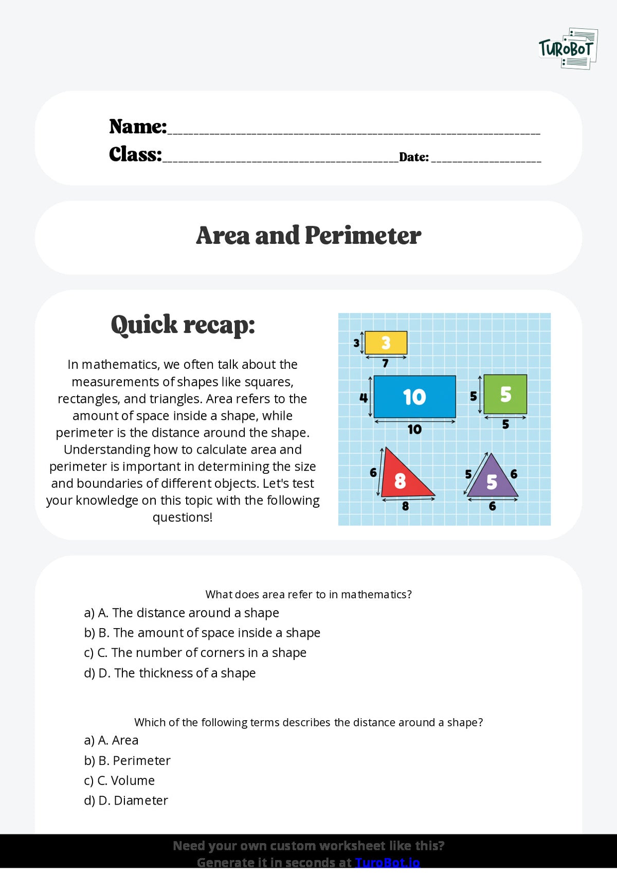 Free Worksheet - Year 5 Mathematics Area and Perimeter Multiple Choice