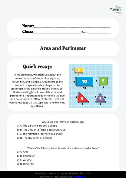 Free Worksheet - Year 5 Mathematics Area and Perimeter Multiple Choice