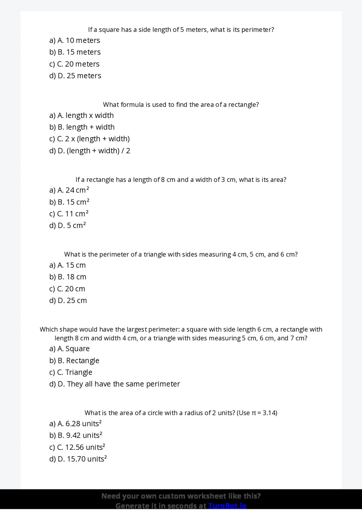 Free Worksheet - Year 5 Mathematics Area and Perimeter Multiple Choice