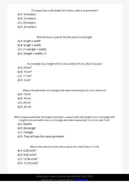 Free Worksheet - Year 5 Mathematics Area and Perimeter Multiple Choice