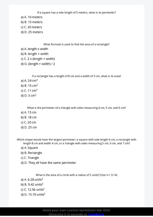 Free Worksheet - Year 5 Mathematics Area and Perimeter Multiple Choice