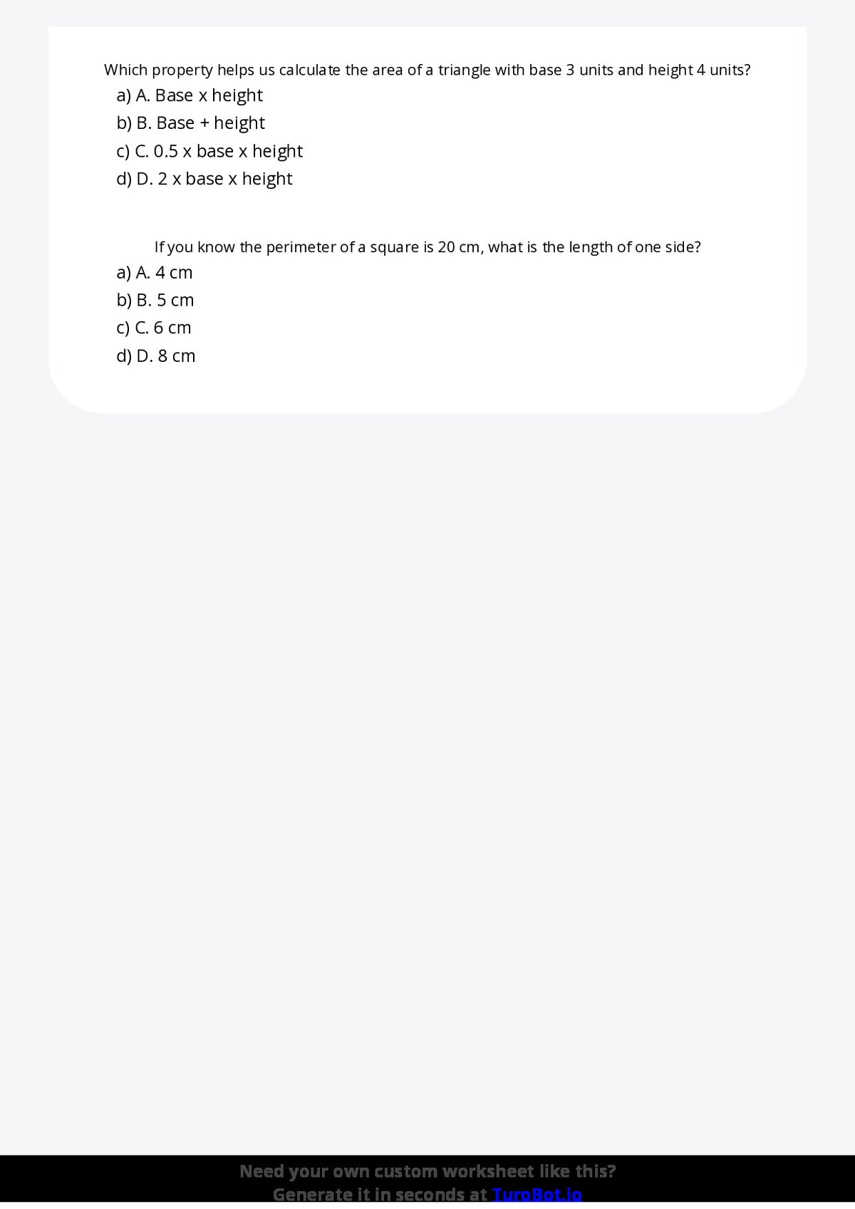 Free Worksheet - Year 5 Mathematics Area and Perimeter Multiple Choice