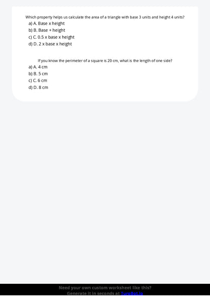 Free Worksheet - Year 5 Mathematics Area and Perimeter Multiple Choice