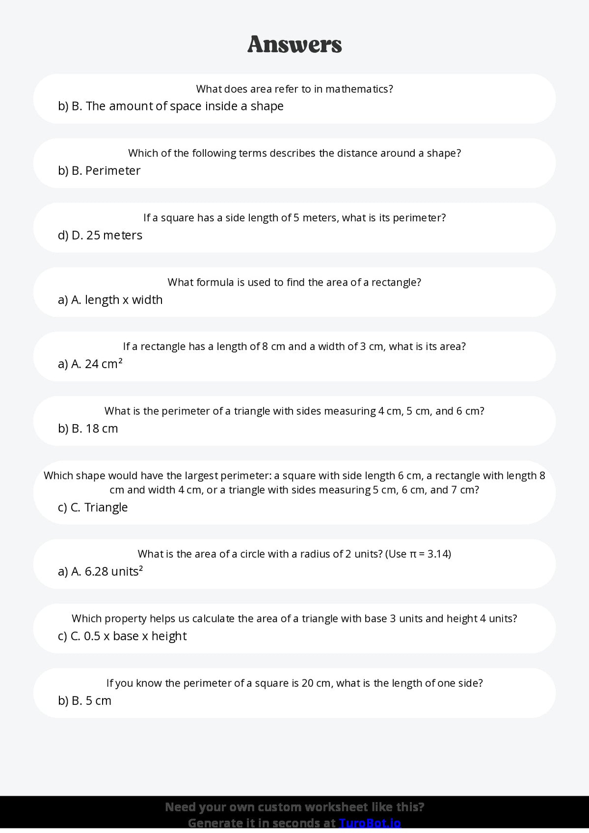 Free Worksheet - Year 5 Mathematics Area and Perimeter Multiple Choice