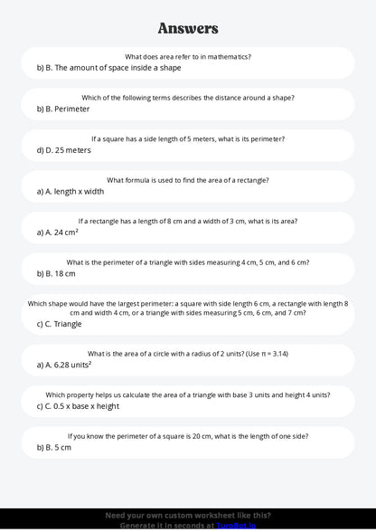 Free Worksheet - Year 5 Mathematics Area and Perimeter Multiple Choice