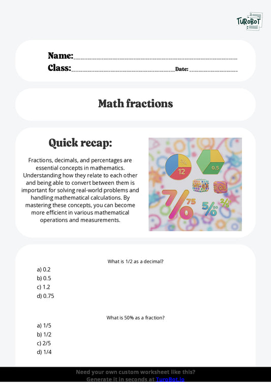 Free Worksheet - Year 5 Mathematics Fractions Decimals and Percentages Multiple Choice