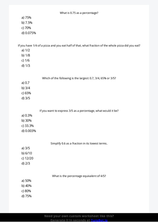 Free Worksheet - Year 5 Mathematics Fractions Decimals and Percentages Multiple Choice