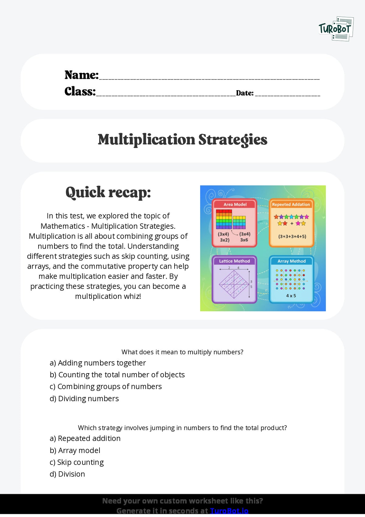 Free Worksheet - Year 5 Mathematics Multiplication Strategies Multiple Choice
