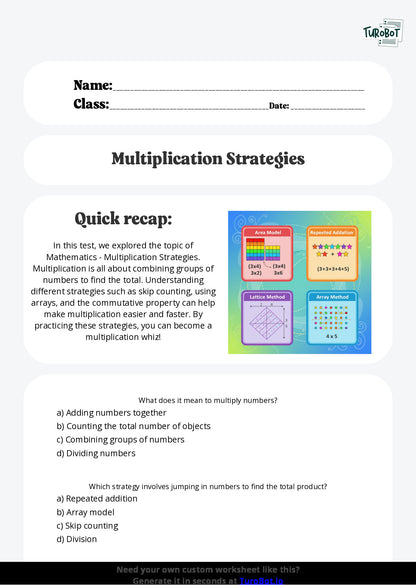 Free Worksheet - Year 5 Mathematics Multiplication Strategies Multiple Choice