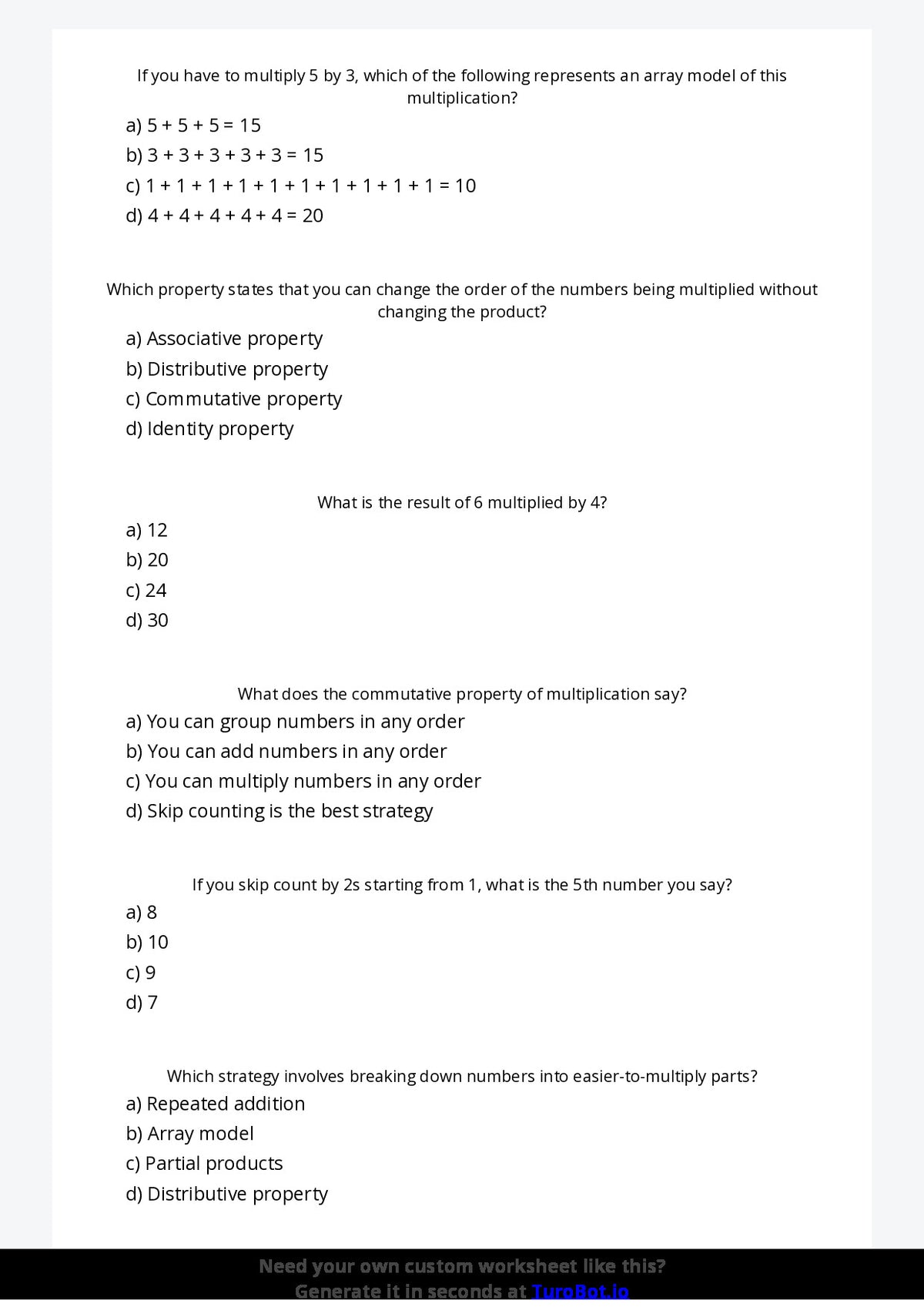 Free Worksheet - Year 5 Mathematics Multiplication Strategies Multiple Choice