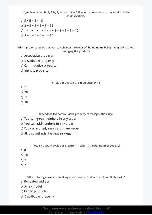 Free Worksheet - Year 5 Mathematics Multiplication Strategies Multiple Choice