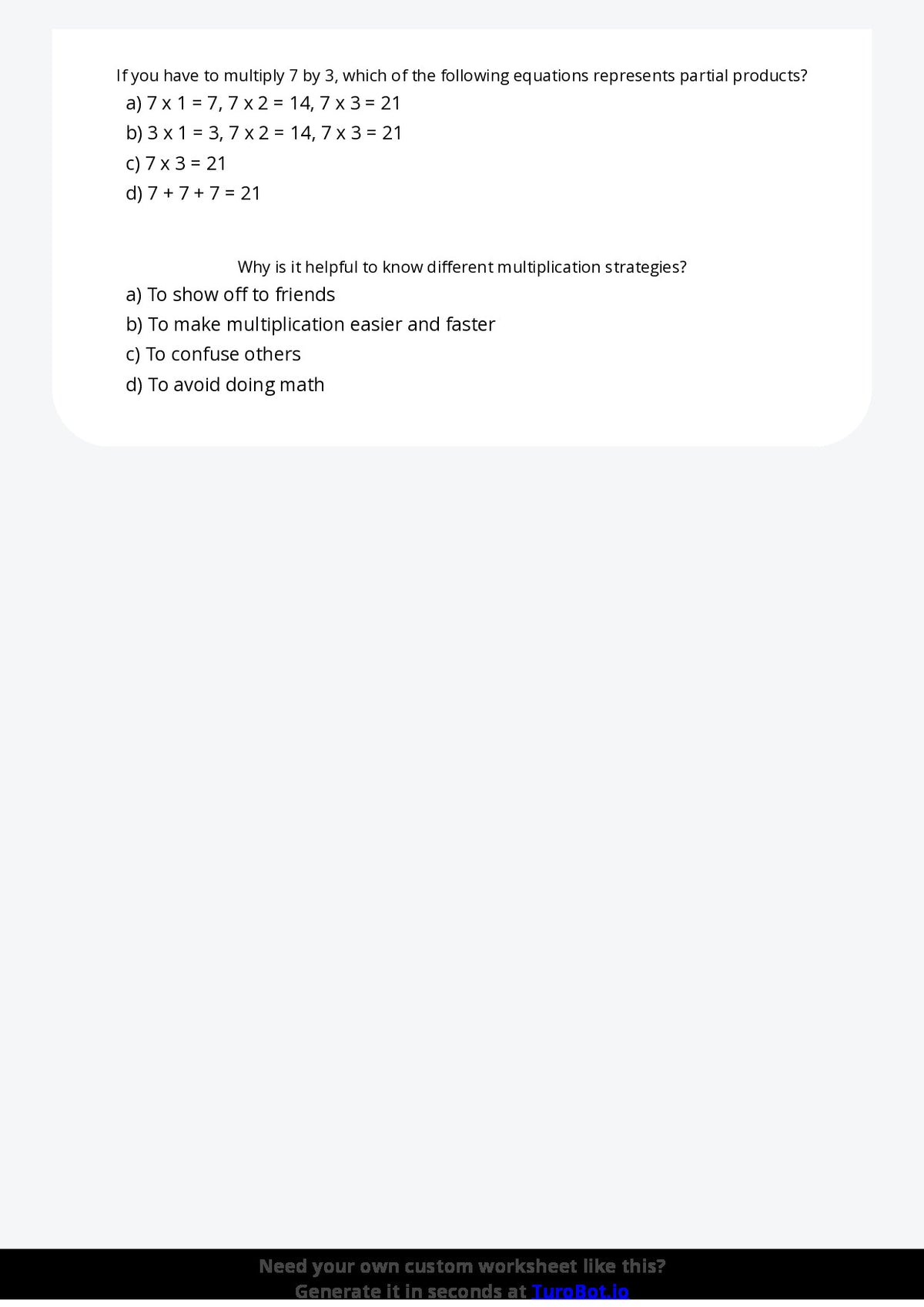 Free Worksheet - Year 5 Mathematics Multiplication Strategies Multiple Choice