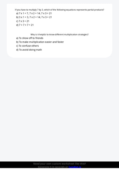 Free Worksheet - Year 5 Mathematics Multiplication Strategies Multiple Choice