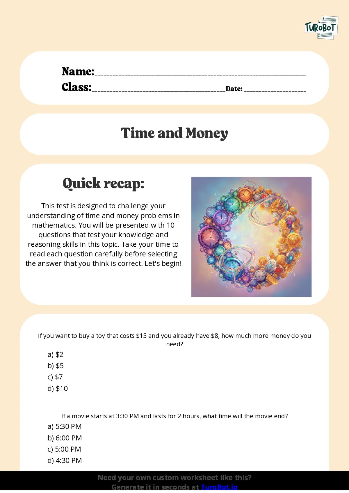 Free Worksheet - Year 5 Mathematics Time and Money Problems Multiple Choice
