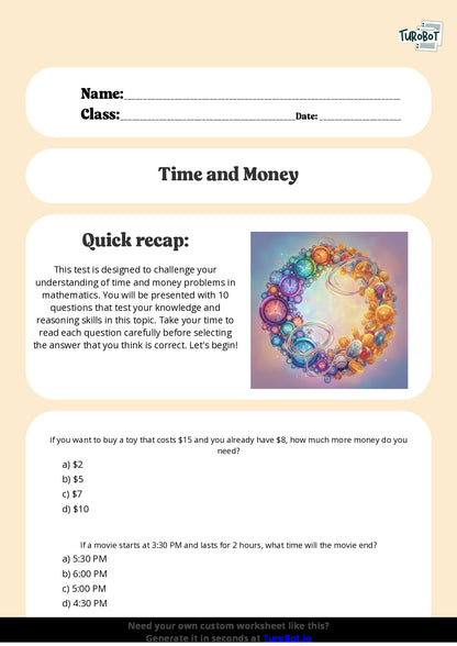 Free Worksheet - Year 5 Mathematics Time and Money Problems Multiple Choice