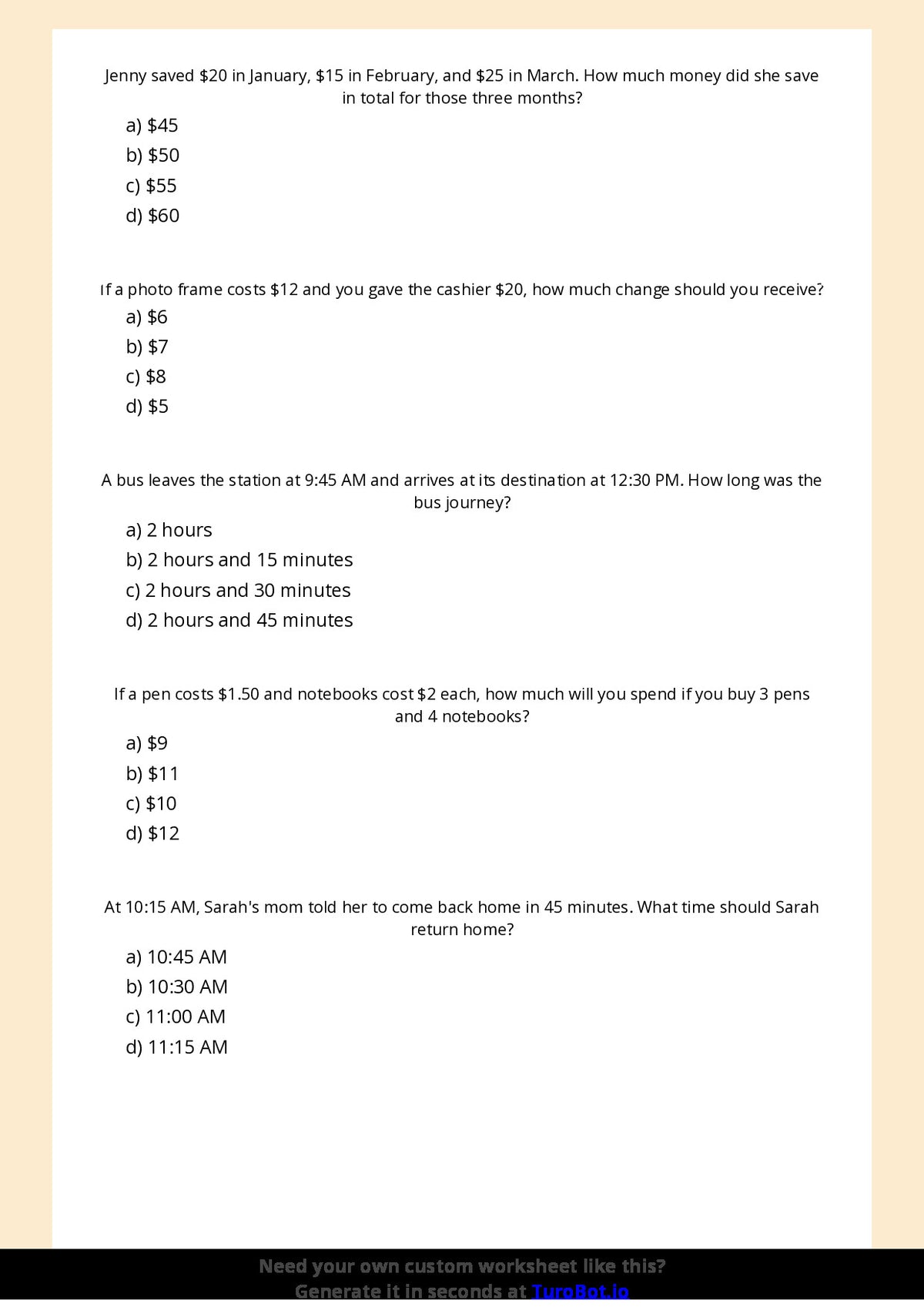 Free Worksheet - Year 5 Mathematics Time and Money Problems Multiple Choice