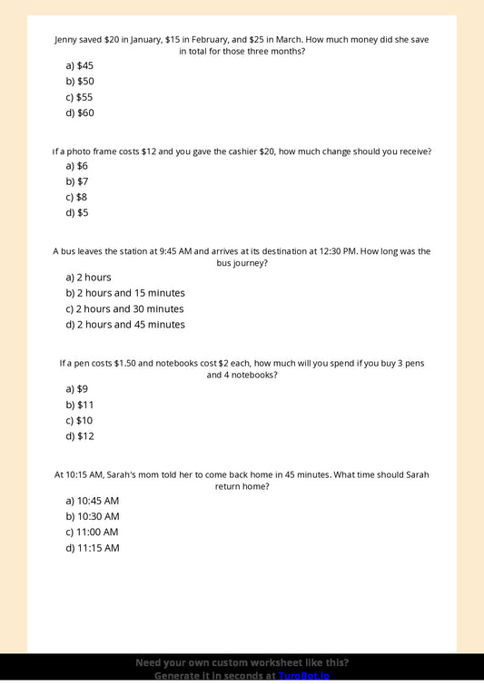 Free Worksheet - Year 5 Mathematics Time and Money Problems Multiple Choice