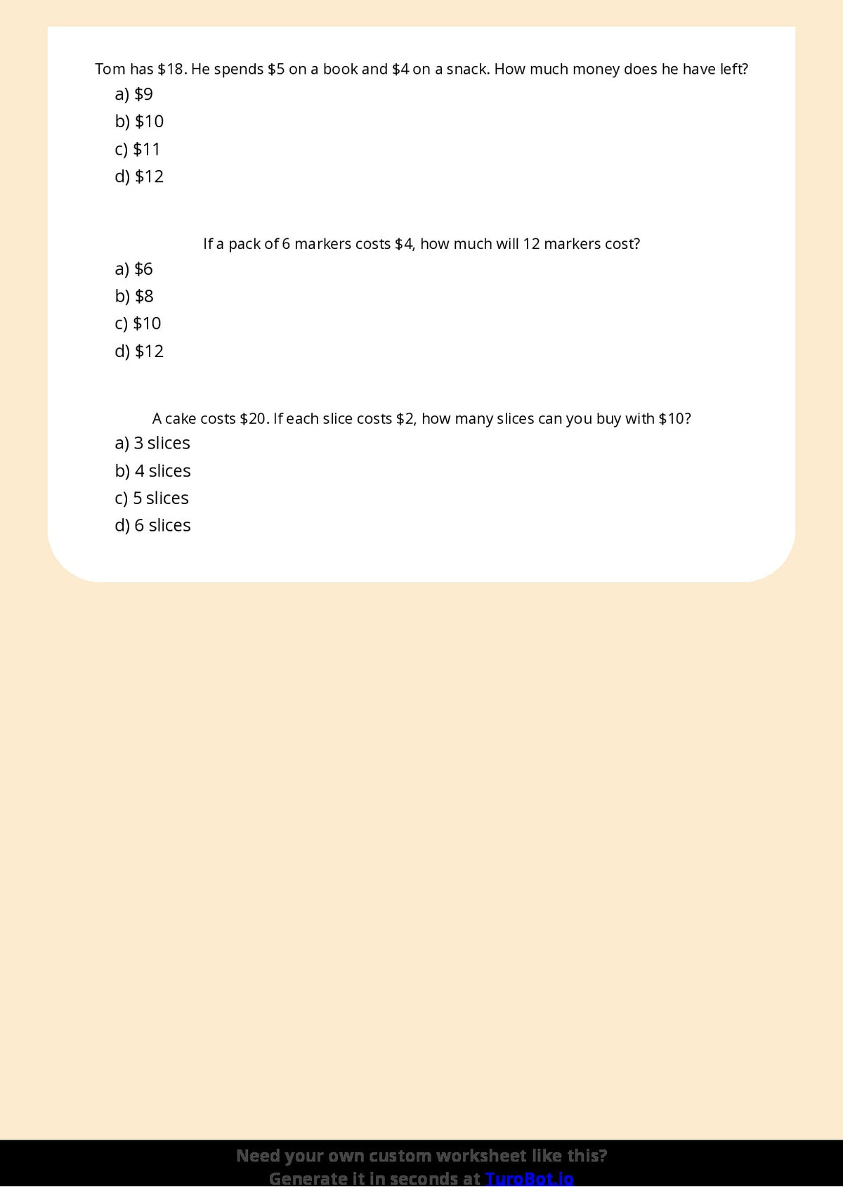 Free Worksheet - Year 5 Mathematics Time and Money Problems Multiple Choice