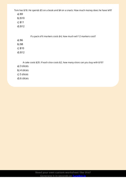 Free Worksheet - Year 5 Mathematics Time and Money Problems Multiple Choice