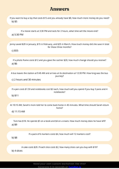 Free Worksheet - Year 5 Mathematics Time and Money Problems Multiple Choice