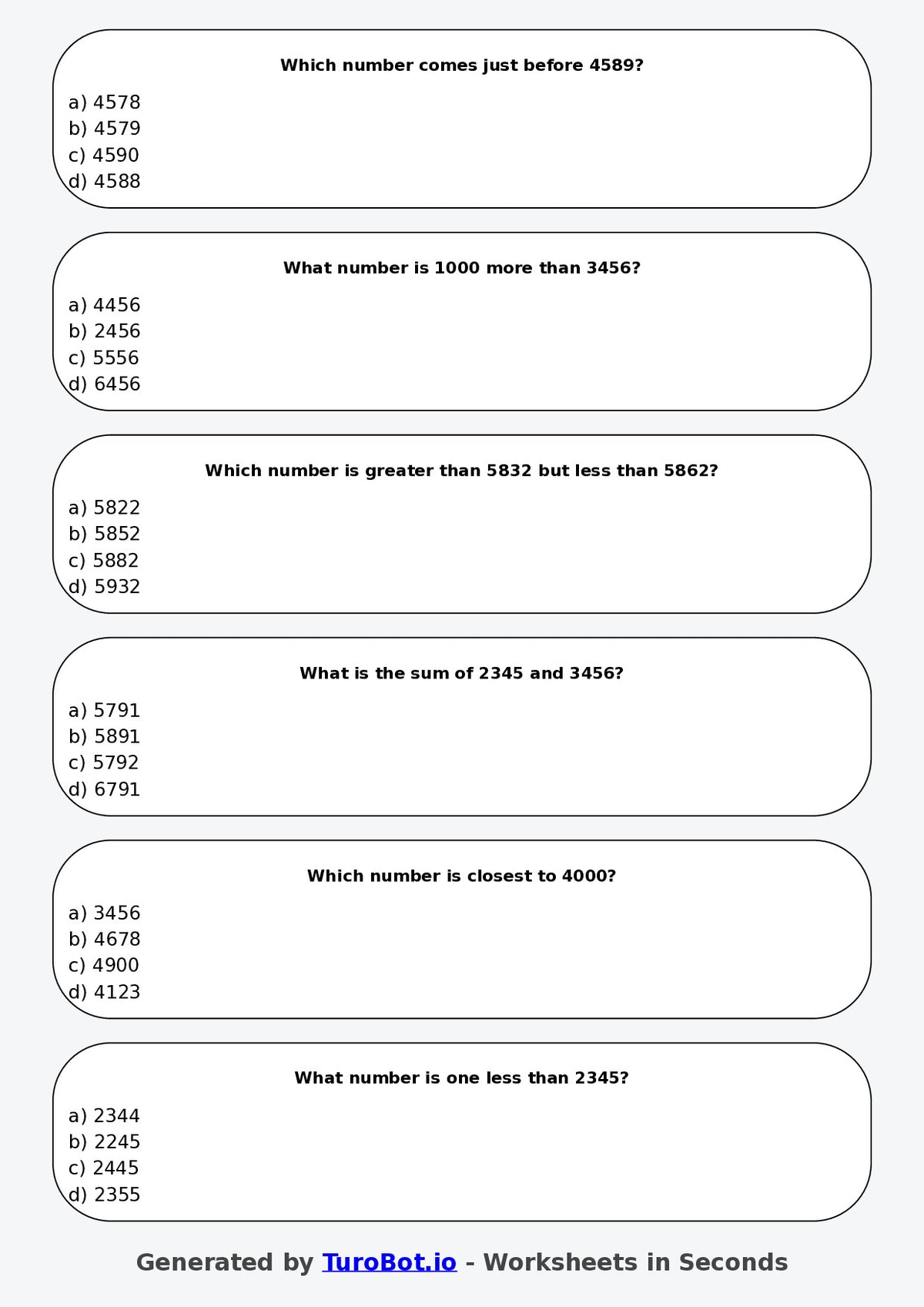 Year 3 Maths Multiple Choice Worksheet – Comparing Numbers up to 10000