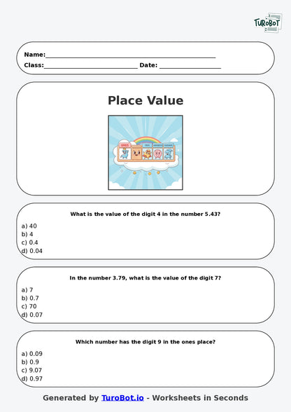 Year 3 Maths Multiple Choice Worksheet – Place Value with Decimals