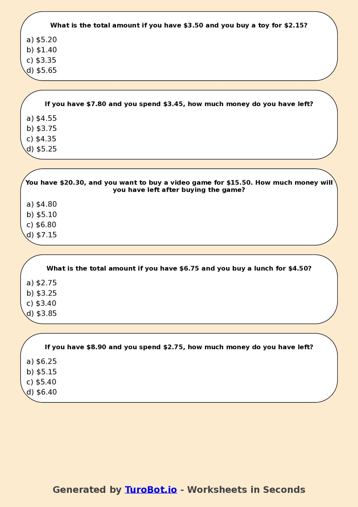 Year 4 Maths Multiple Choice Worksheet – Decimal Money Calculations