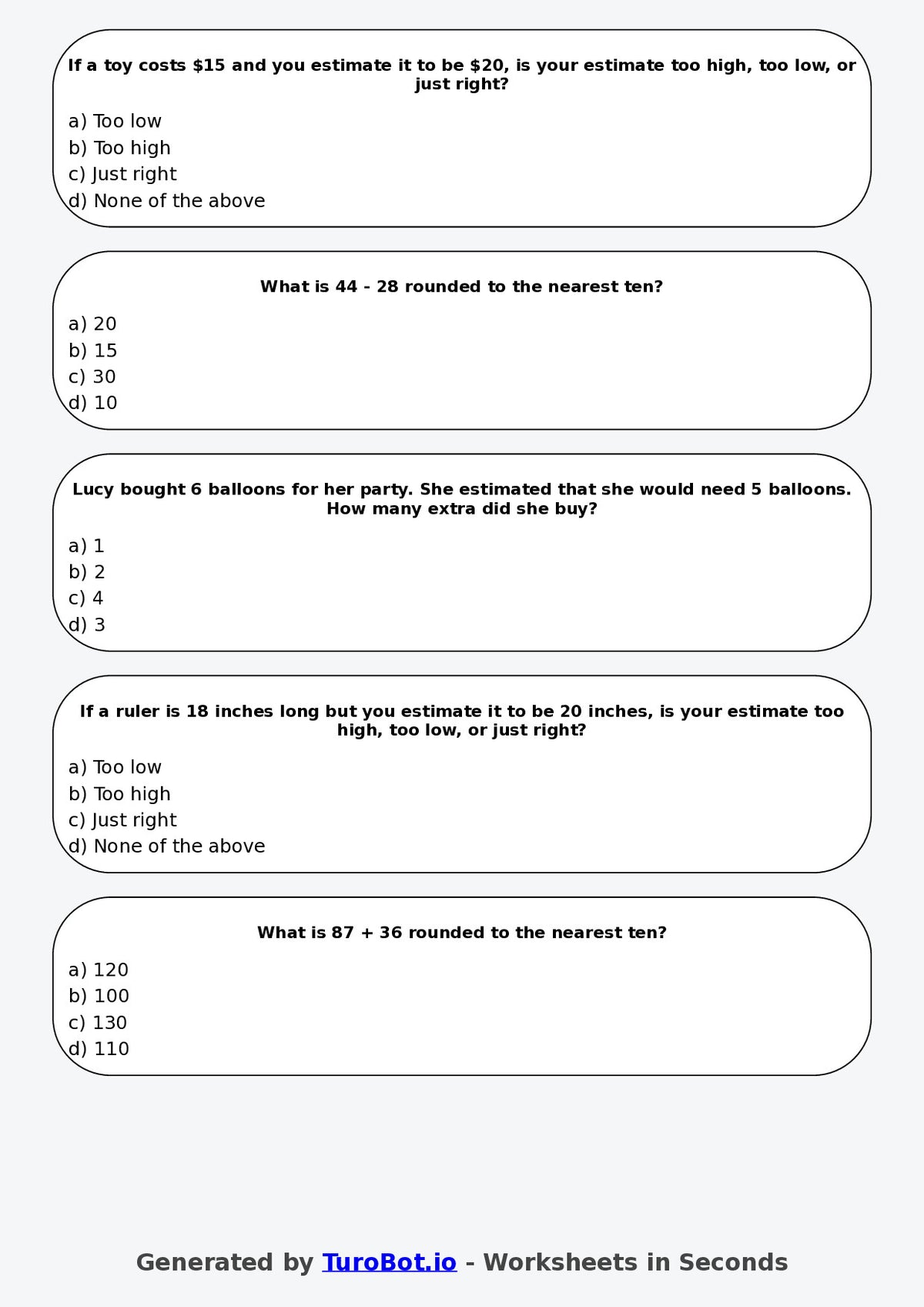 Year 4 Maths Multiple Choice Worksheet – Estimating Answers Reasonably