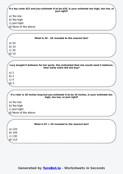 Year 4 Maths Multiple Choice Worksheet – Estimating Answers Reasonably