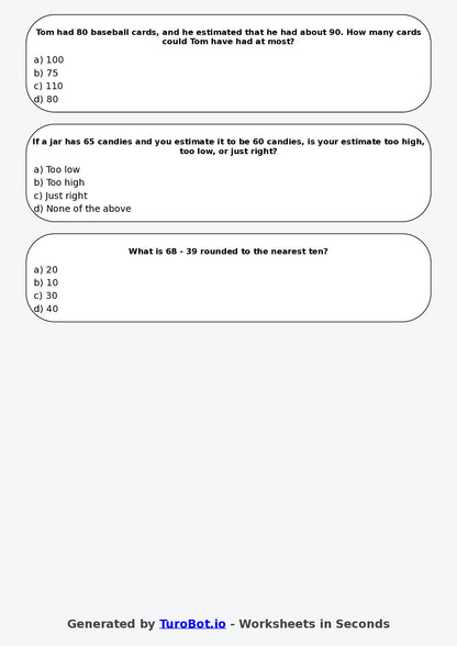 Year 4 Maths Multiple Choice Worksheet – Estimating Answers Reasonably