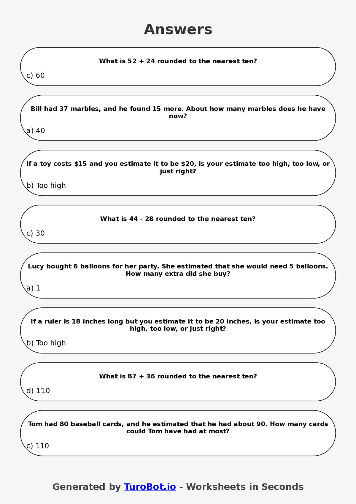 Year 4 Maths Multiple Choice Worksheet – Estimating Answers Reasonably