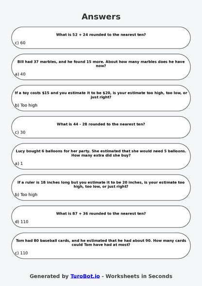 Year 4 Maths Multiple Choice Worksheet – Estimating Answers Reasonably