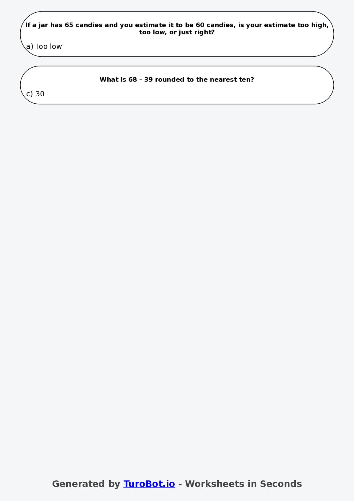 Year 4 Maths Multiple Choice Worksheet – Estimating Answers Reasonably