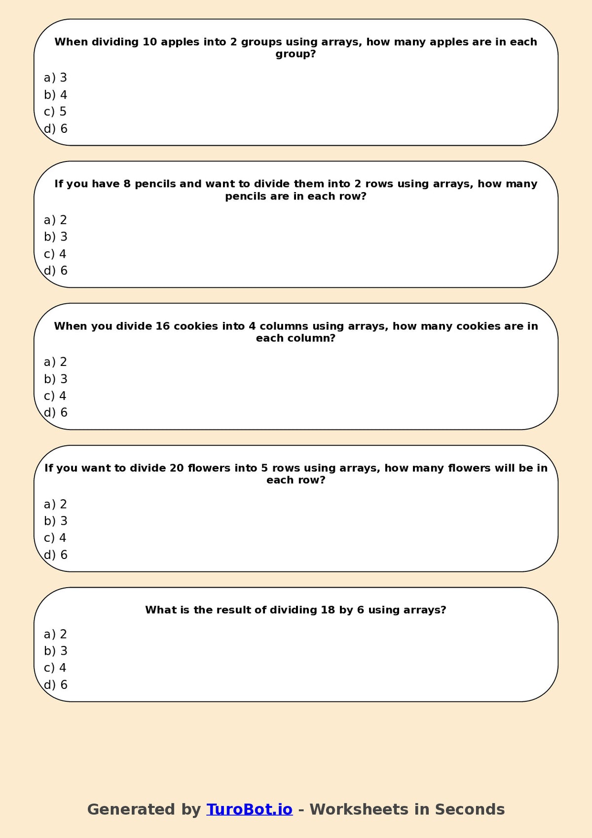 Year 4 Maths Multiple Choice Worksheet – Introduction to Division Using Arrays