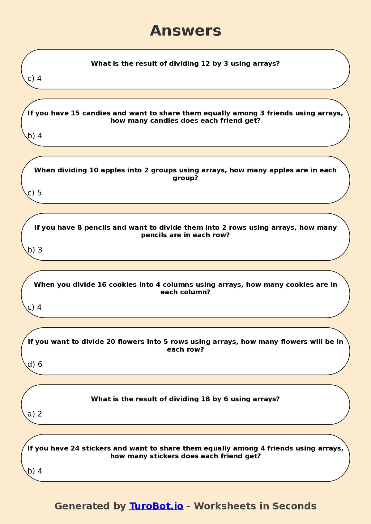 Year 4 Maths Multiple Choice Worksheet – Introduction to Division Using Arrays