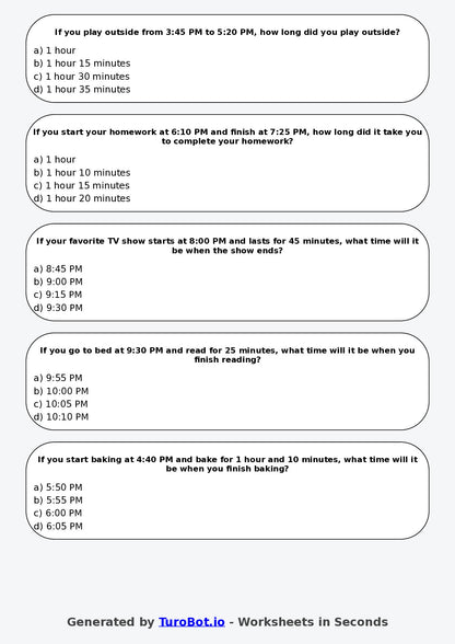 Year 4 Maths Multiple Choice Worksheet – Time Duration Problems
