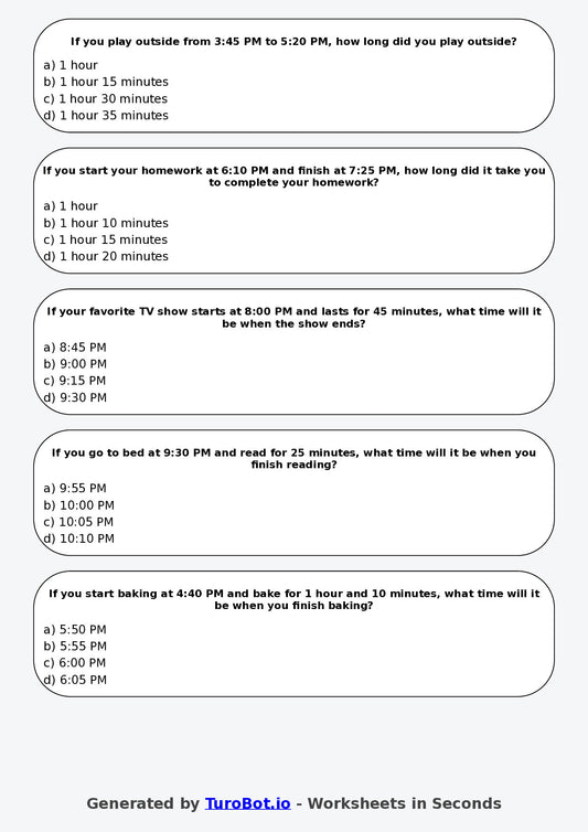 Year 4 Maths Multiple Choice Worksheet – Time Duration Problems