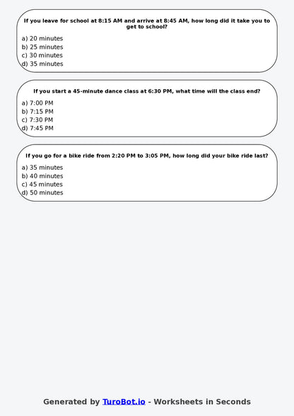 Year 4 Maths Multiple Choice Worksheet – Time Duration Problems
