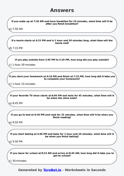 Year 4 Maths Multiple Choice Worksheet – Time Duration Problems