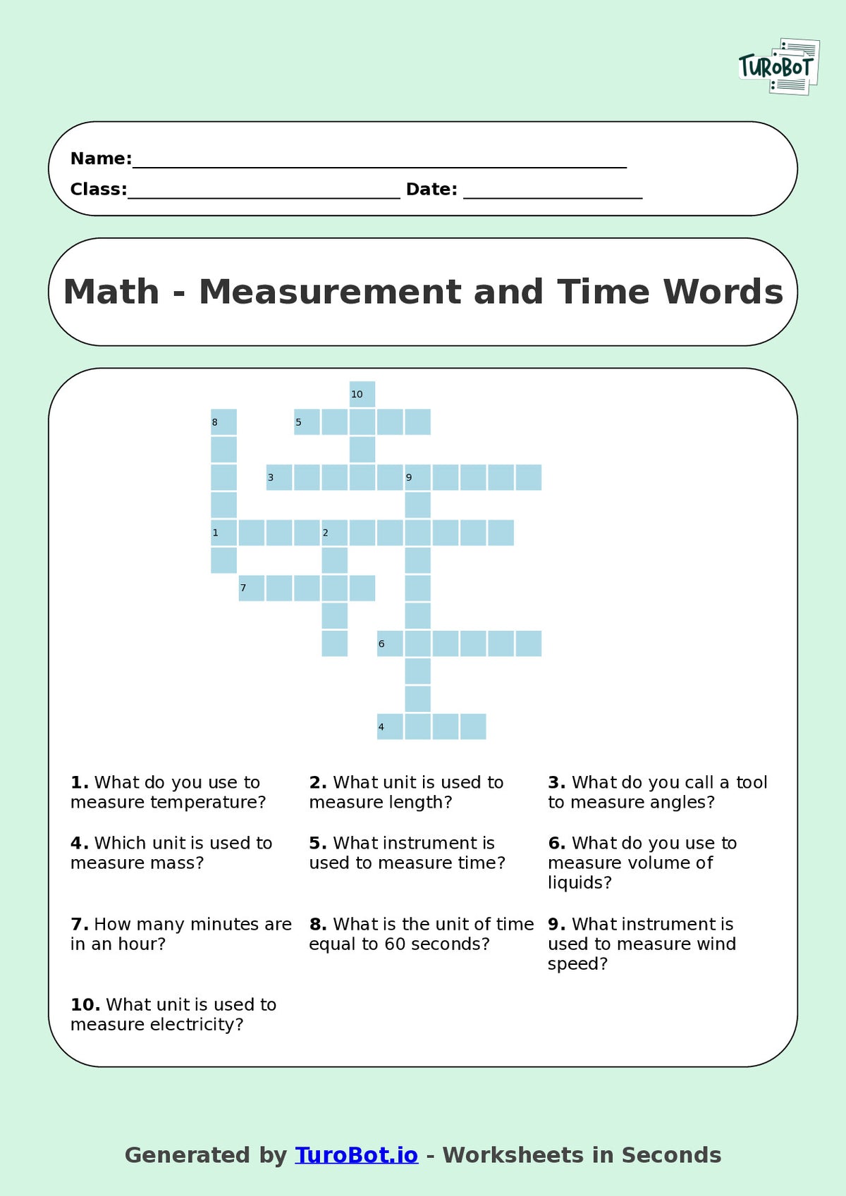 Year 5 Maths Crossword Worksheet – Measurement and Time Words