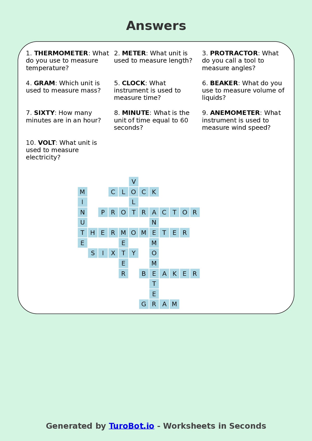 Year 5 Maths Crossword Worksheet – Measurement and Time Words