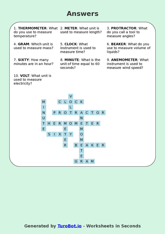 Year 5 Maths Crossword Worksheet – Measurement and Time Words