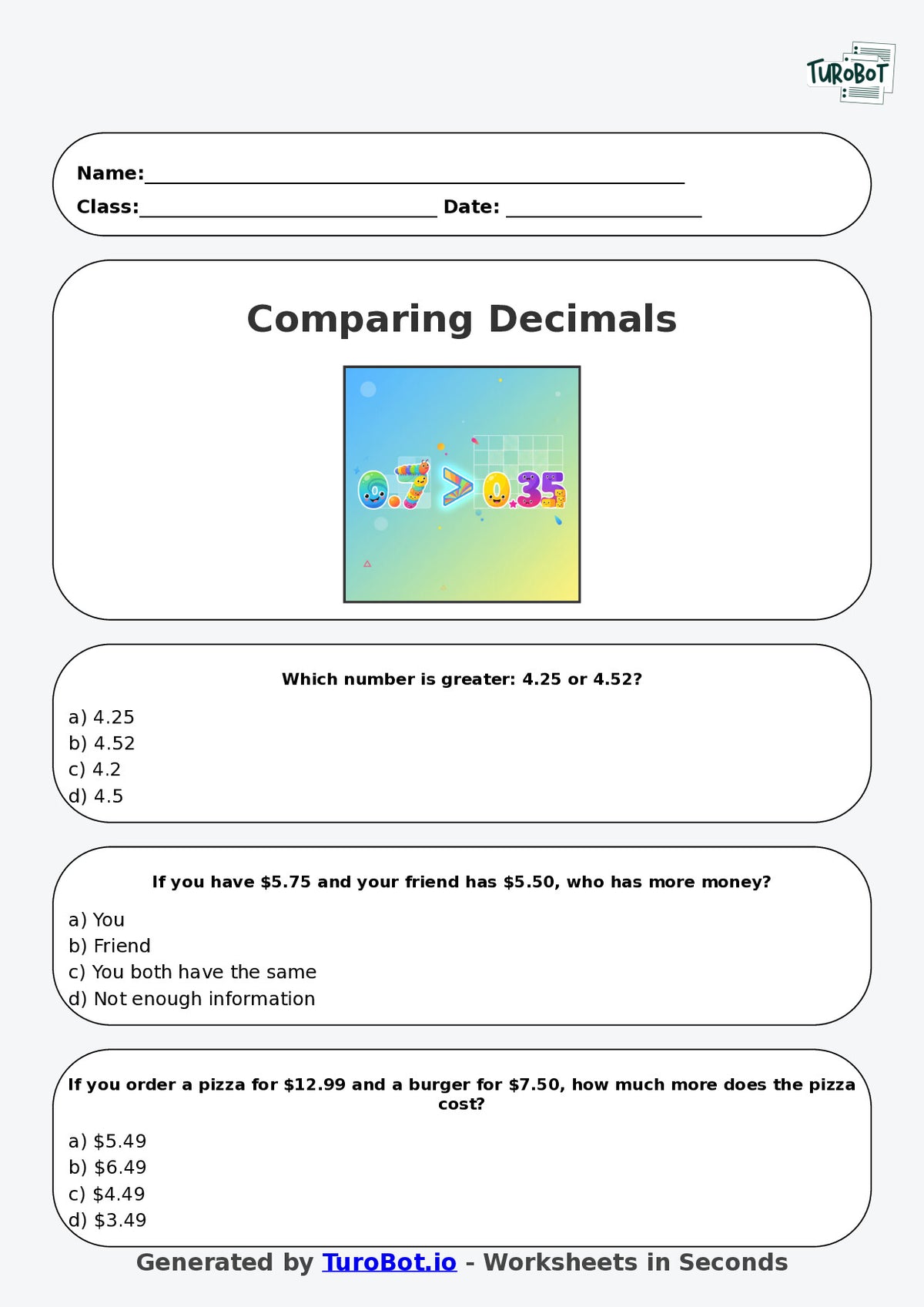 Year 5 Maths Multiple Choice Worksheet – Comparing Decimal Values